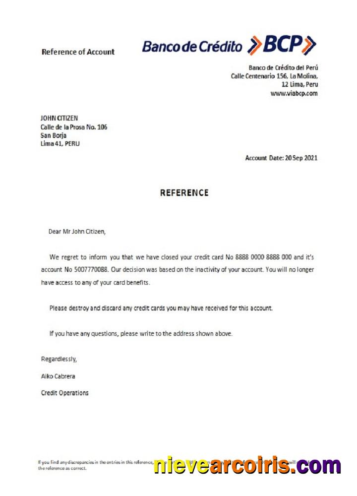 Peru Banco de Credito closure reference